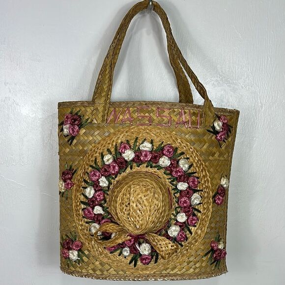 Handbags - Extra Large Straw Bag Tote Raffia Tourist Souvenir Lined Flowers Sun Hat Design